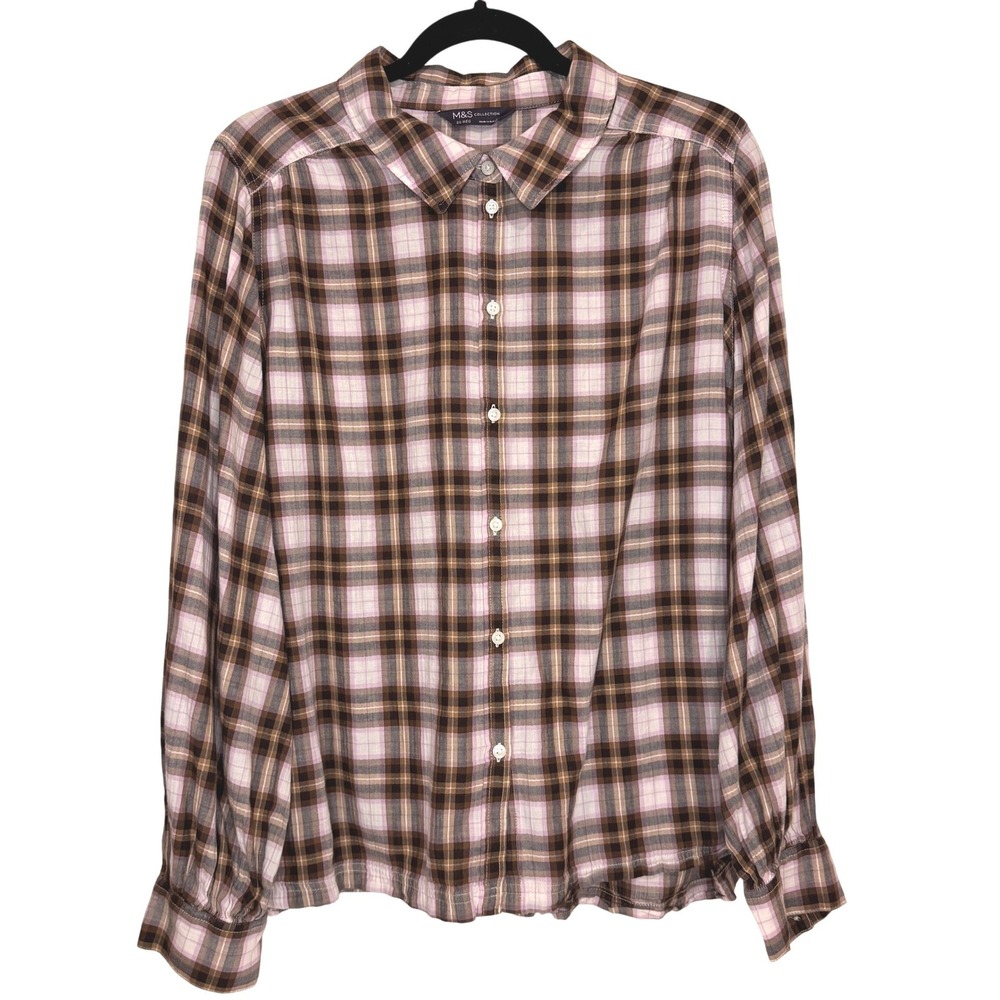 M&S Plaid Button Down Shirt Size 20 Brown Lavender Puff Sleeve Cotton Casual